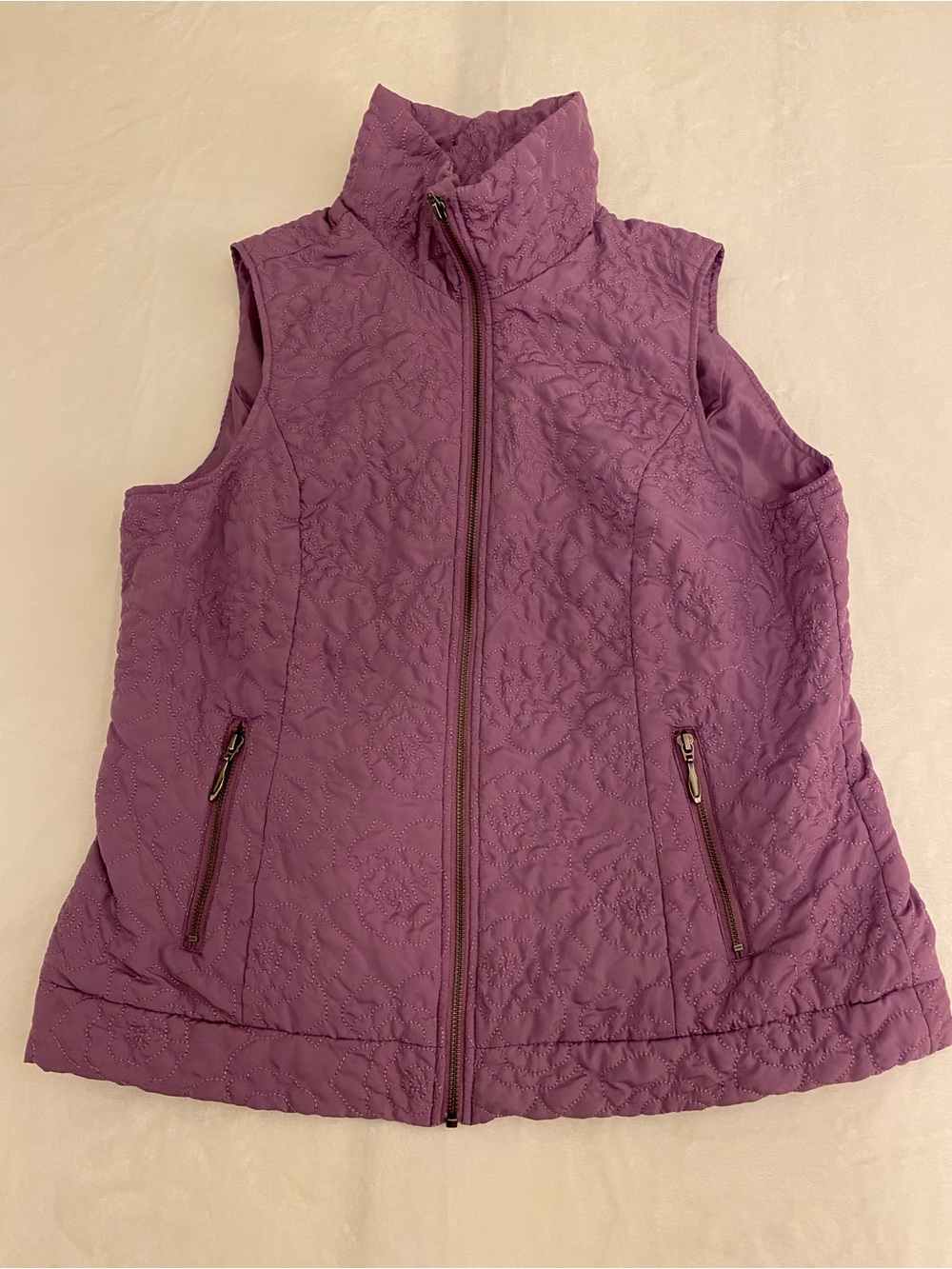 Christopher & Banks Women’s Lavender L Quilted Zip-Front Floral Embroidered Vest